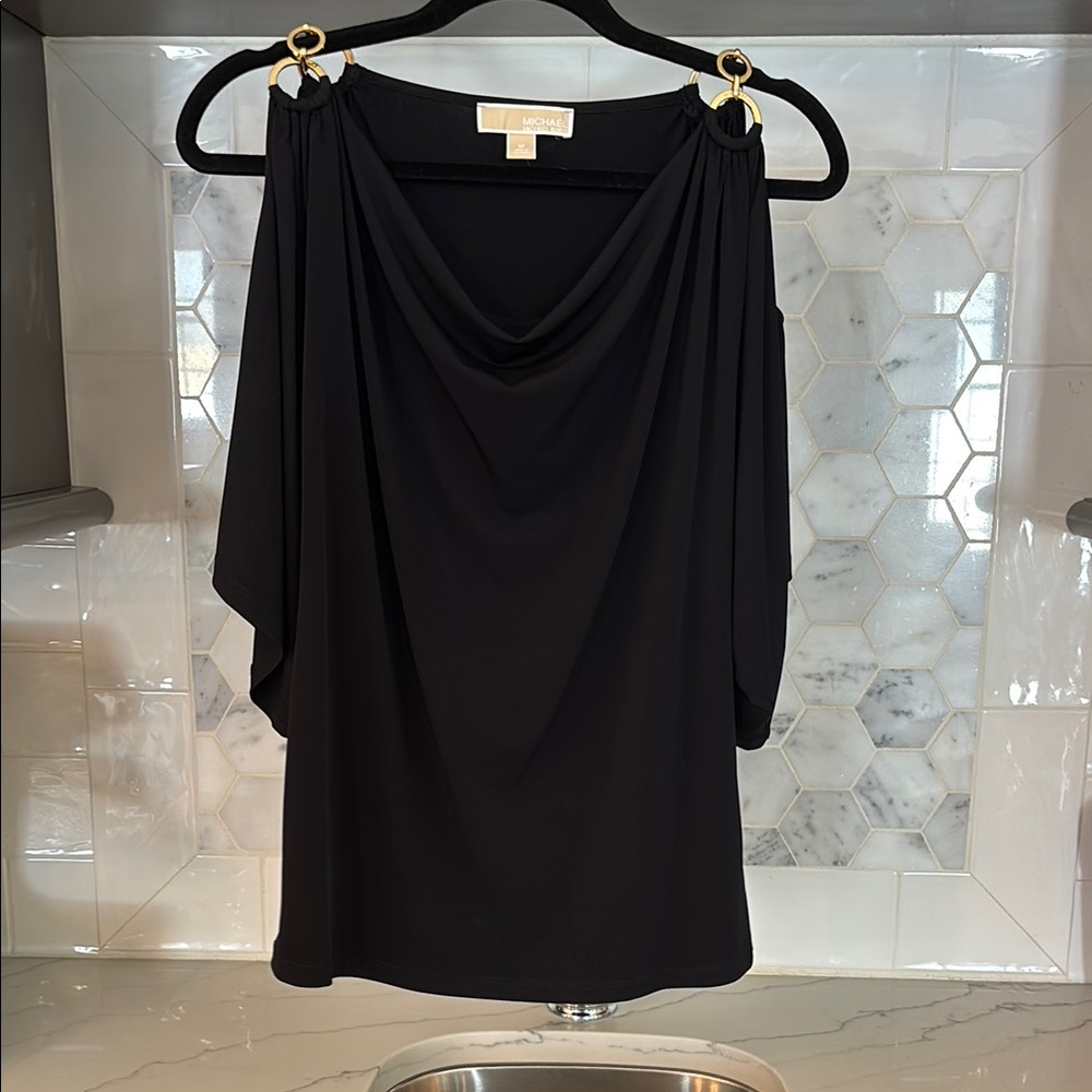 Michael Kors Black Draped Top with Gold Accents- medium